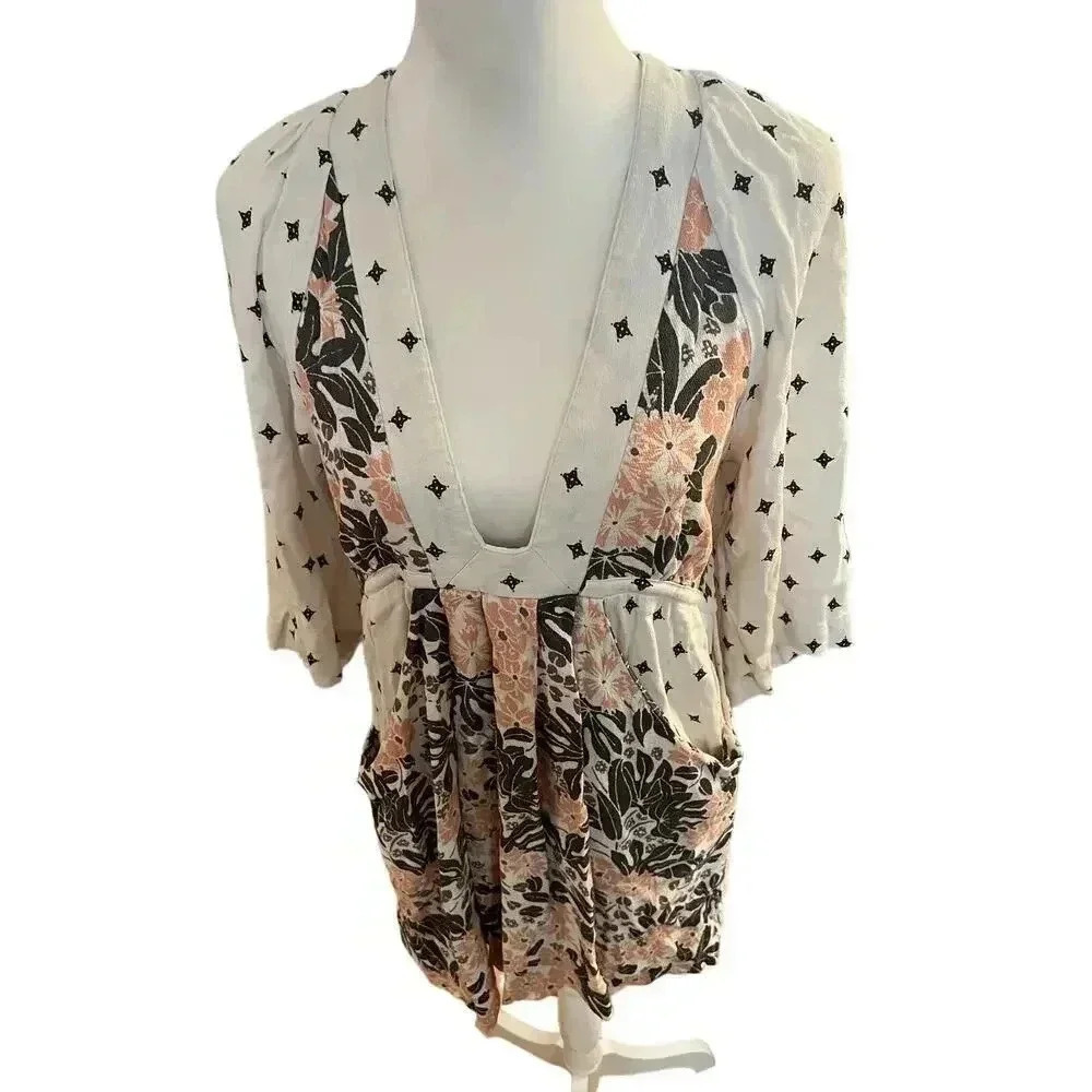 Free people talluhah mini dress boho floral 3/4 sleeve v neck size xs